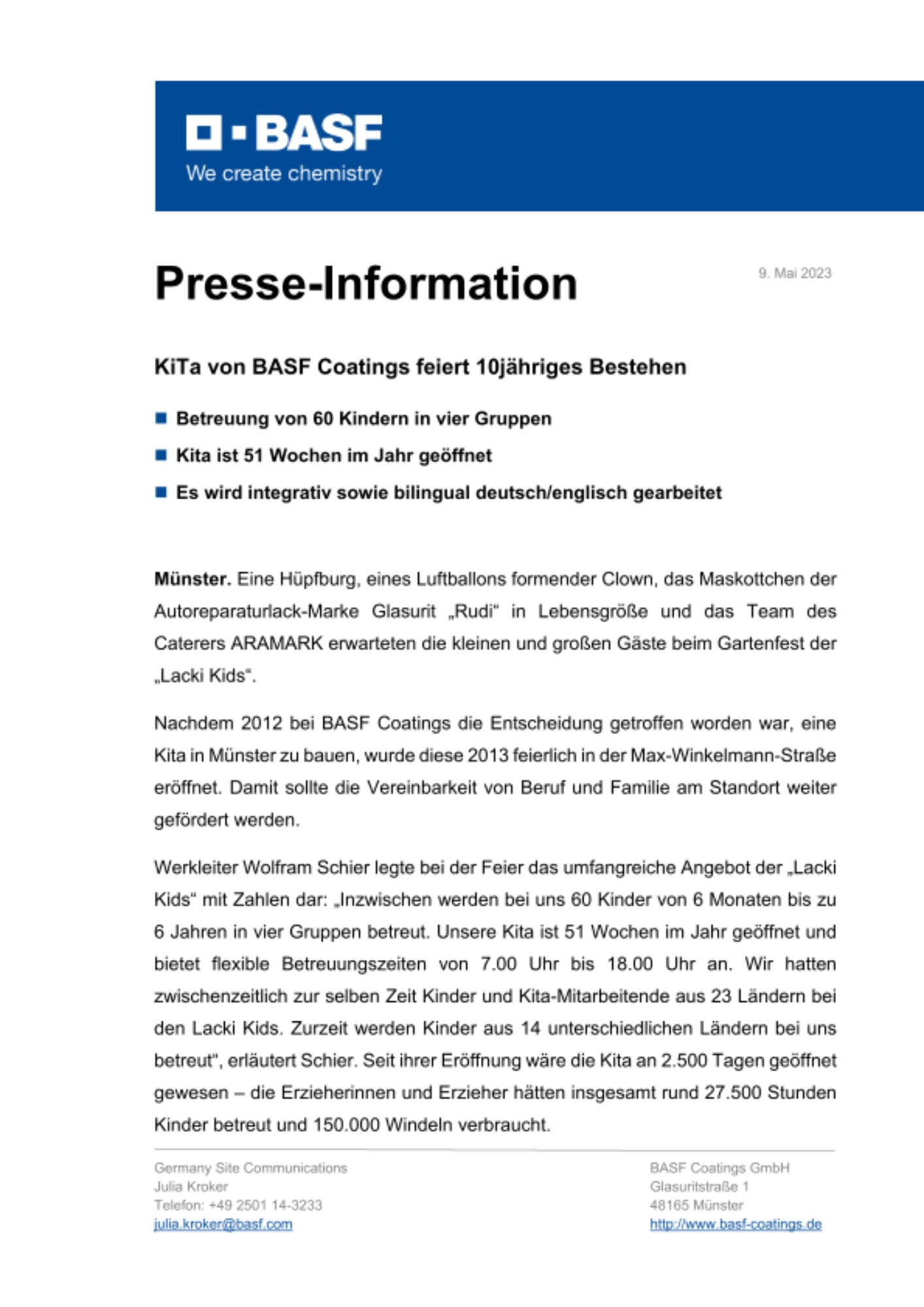KiTa von BASF Coatings feiert 10jähriges Bestehen KiTa von BASF Coatings feiert 10jähriges Bestehen